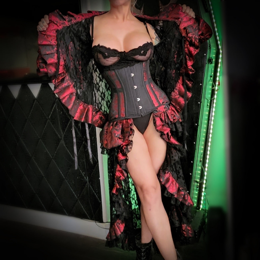 3 Piece Corset Outfit Red Brocade Black Lace